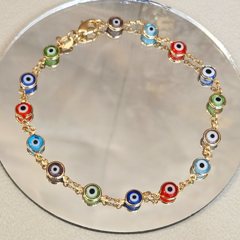 Gold Tone Multi-Colored Evil Eye Dainty Bracelet